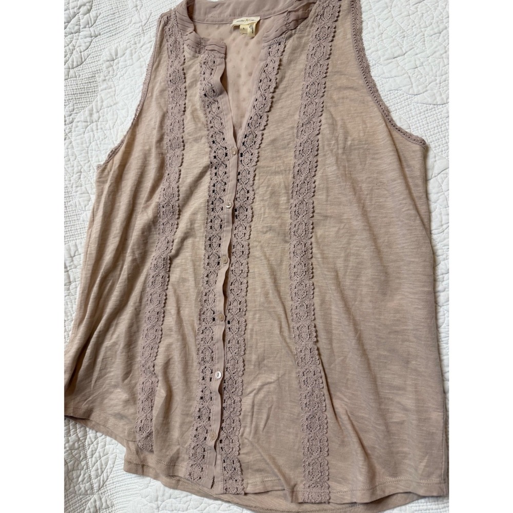 Meadow Rue Sleeveless Lace Trim Swiss Dot Mesh Back Button Down Top Mauve Large